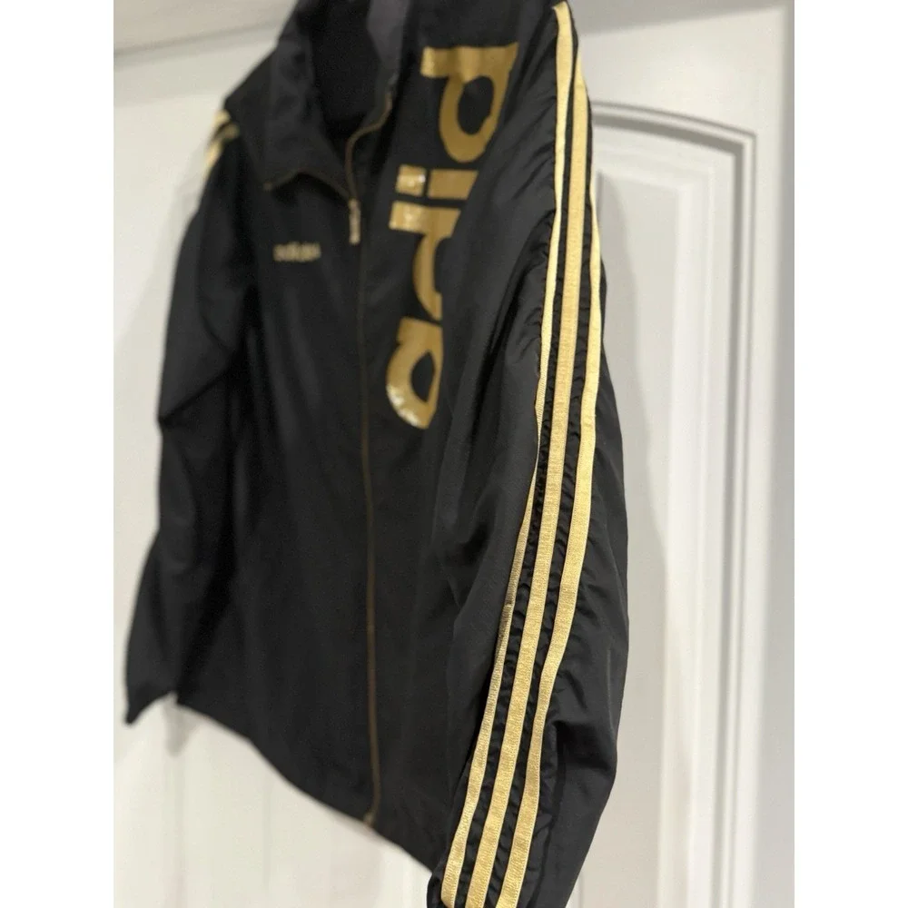 Adidas NEO Label Windbreaker Jacket Mens L Black Gold Big Logo Spellout Vintage